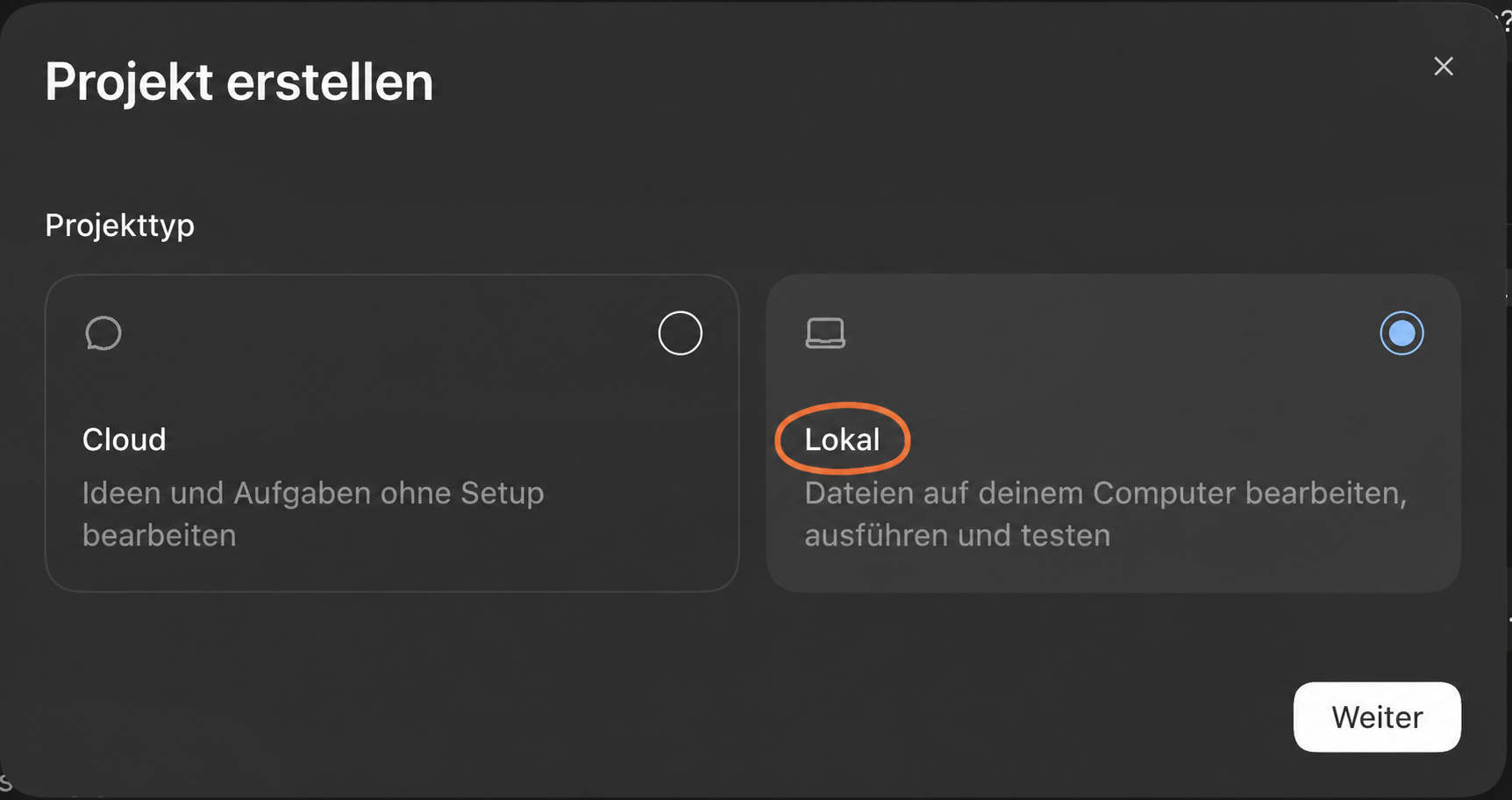 Dialog „Projekt erstellen“ mit orange markierter Auswahl „Lokal“.